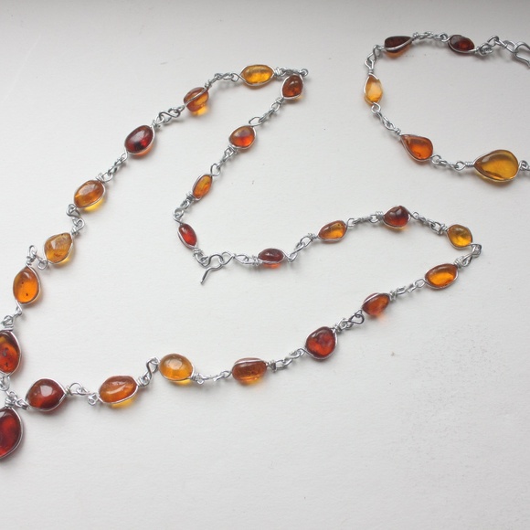 Vintage genuine amber gemstone necklace and bracelet wired set collier bracelet - Picture 5 of 13